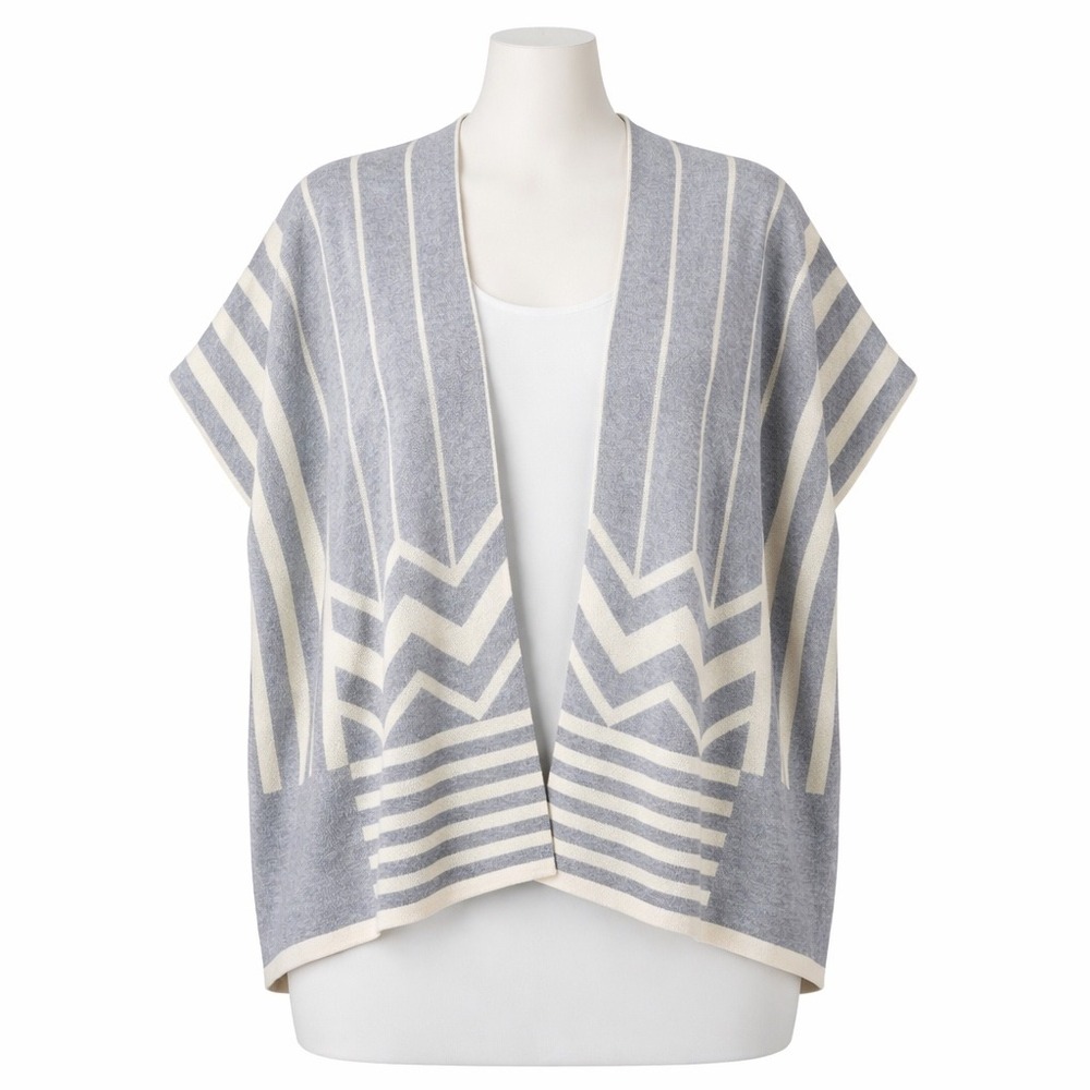La Fee Verte Cardigan Women Large Gray White Geometric Chevron Open Front Poncho